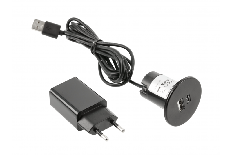 Încărcător USB A+C 5V 2A cu priză și sursă de alimentare, negru