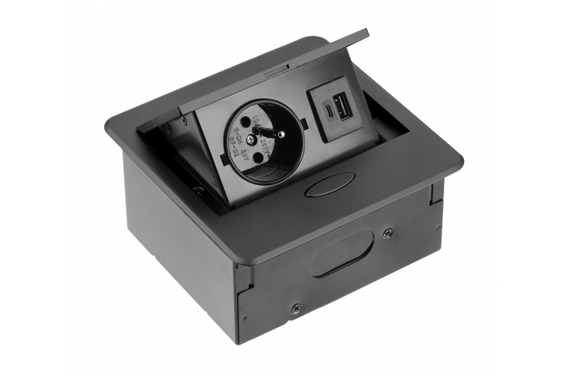 Priză de mobilier încorporată AVARO, 1x priză franceză, USB A+C, cablu de 1,5m, negru