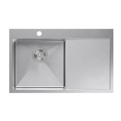 Aquadesign Clara Chiuvetă din oțel inoxidabil cu cuvă pe partea stângă 78x48cm pentru montaj pe blat sau la nivel cu blatul, cu scurgător, banc pentru baterie și dop din oțel inoxidabil - 120