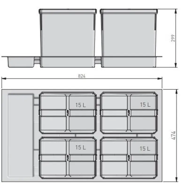 Garbi Basket B-90-T-4 Sortare Sisteme de Deșeuri pentru Sertar de 90cm - Include Suport și 4 x 15 Litri Coșuri de Gunoi 1208969545