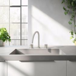 Revoluția Apei Flow robinet de bucătărie cu 3 găuri, cu gura de scurgere rotativă și conexiune pentru apă filtrată, inox T152UIE.