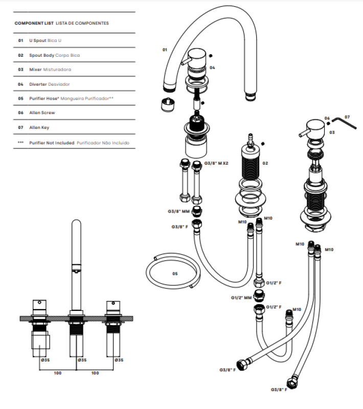 Revoluția Apei Flow robinet de bucătărie cu 3 găuri, cu gura de scurgere rotativă și conexiune pentru apă filtrată, inox T152UIE.