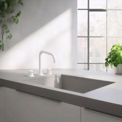 Waterevolution Flow 3-găuri robinet de bucătărie unghiular cu gura de scurgere rotativă și conexiune pentru apă filtrată alb T152HBR
