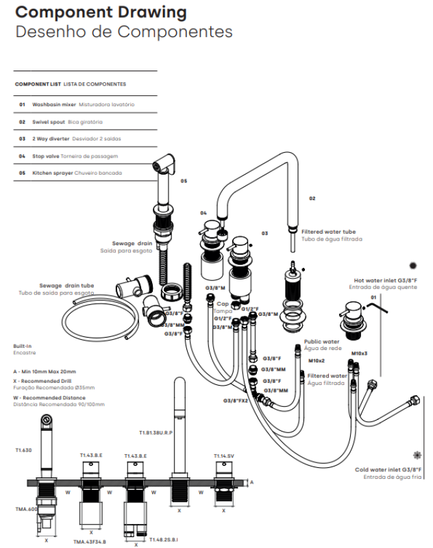 Waterevolution Flow 5-gaats hoekige keukenkraan met uittrekbare sproeier en aansluiting voor gefilterd water wit T154HBR