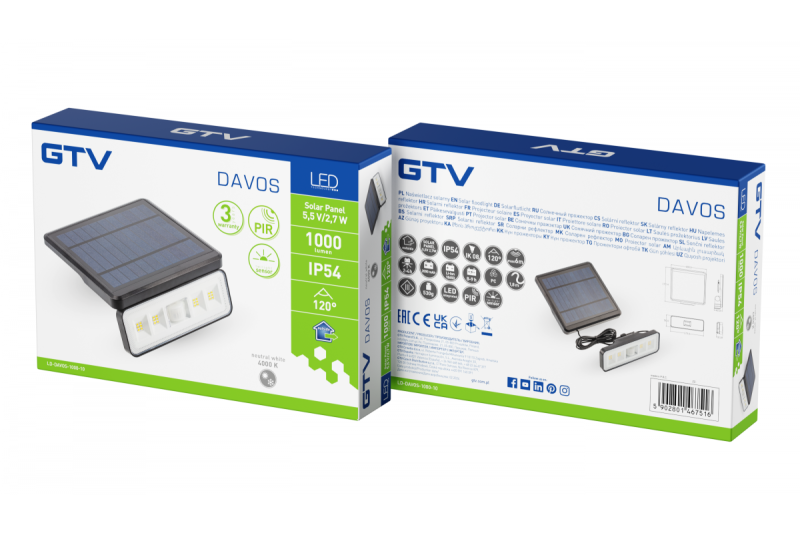 Corp de iluminat solar cu senzor de mișcare și crepuscular DAVOS, LED, 1000lm, 4000K, 2000mAh, IP54, negru