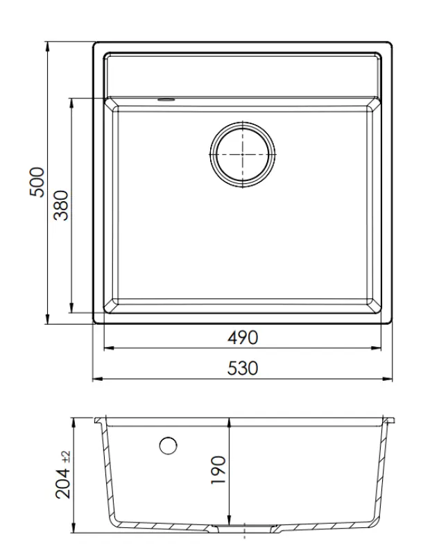 GraniteMy Bremen Chiuvetă de granit 53x50 cm Negru - Montare deasupra, dedesubt și la nivel cu orificiu pentru robinet și dop metalic de culoare arme 1208969971