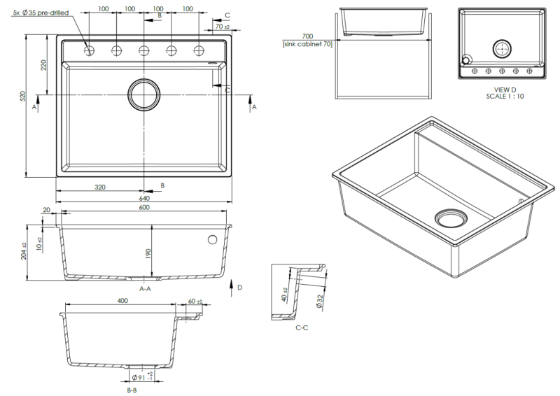 GraniteMy Bremen Chiuvetă din Granit 64x52 cm Negru – Montare pe Blat, Sub Blat și la Nivel cu Blatul cu Banc de Găuri pentru Robinet și Dop din Oțel Inoxidabil 1208969992