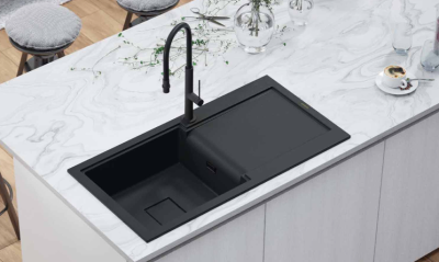 GranitMy Zafiri Chiuvetă de Granit Negru cu Montare pe Blat 97x50 cm cu Zonă de Scurgere, Reversibilă, cu Capac de Scurgere Pătrat Negru 1208969997.