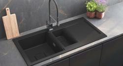 GranitMy Zafiri Chiuvetă de Granit Negru de Suprafață 1,5 cuve 100x50 cm cu Scurgător, Reversibilă, cu Capac de scurgere Pătrat Negru 1208969998
