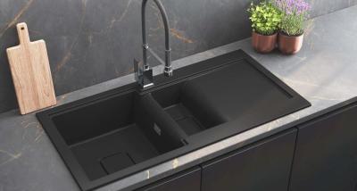 GranitMy Zafiri Chiuvetă de Granit Negru de Suprafață 1,5 cuve 100x50 cm cu Scurgător, Reversibilă, cu Capac de scurgere Pătrat Negru 1208969998