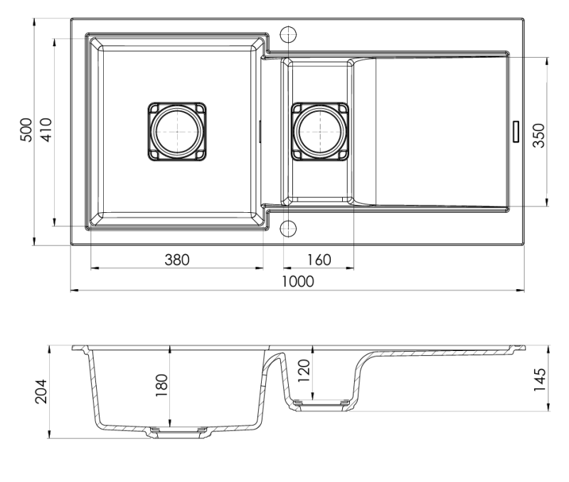 GranitMy Zafiri Chiuvetă de Granit Negru de Suprafață 1,5 cuve 100x50 cm cu Scurgător, Reversibilă, cu Capac de scurgere Pătrat Negru 1208969998