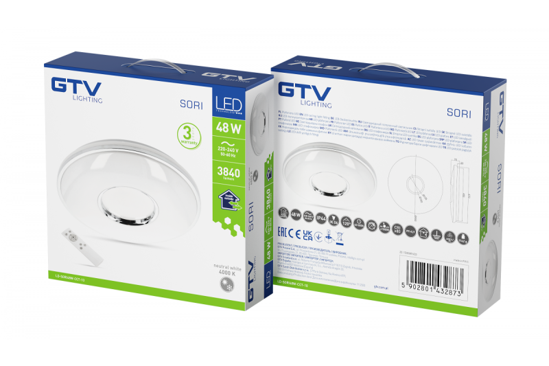 Lampă de tavan SORI LED, Ø490mm, CCT, 48W, 3840lm, AC180-250V, 50/60 Hz, PF>0,9, IP54, telecomandă, alb, 3 ani garanție.