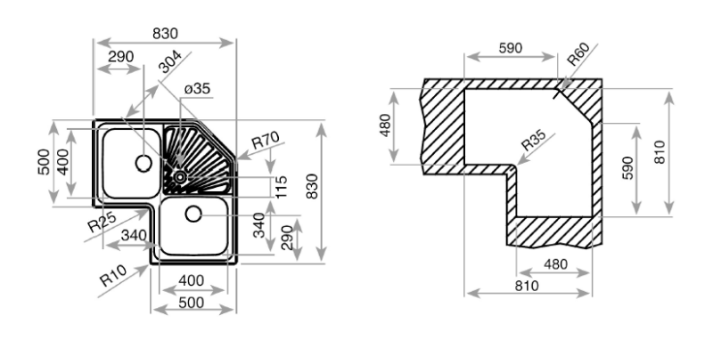 Banca Montreal chiuvetă colț din inox deasupra blatului 83 x 83 cm cu zonă de scurgere 1208970036