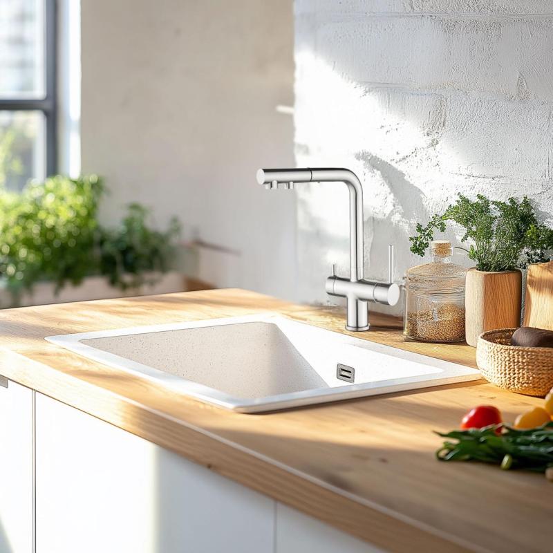 Kraan de bucătărie cu trei căi Ausmann Ellington cu pipă extensibilă și apă filtrată – inox – 1208970082.