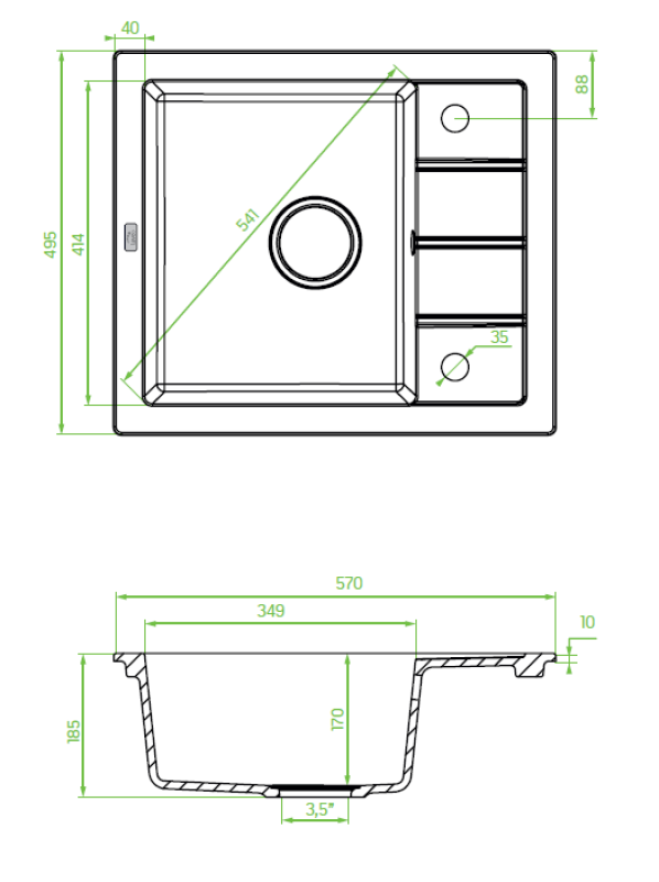 Aquadesign Somerset Chiuvetă de granit deasupra blatului Antracit cu zonă mică de scurgere 570 x 495 mm 1208970084