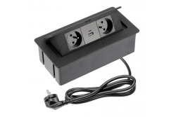 Priză mobilă SOFT 2x priză cu împământare, USB A+C, cablu de alimentare cu mufă, negru.