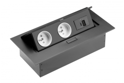 Soclu de mobilă 2x priză cu împământare, USB A+C, cablu de alimentare cu mufă, negru.