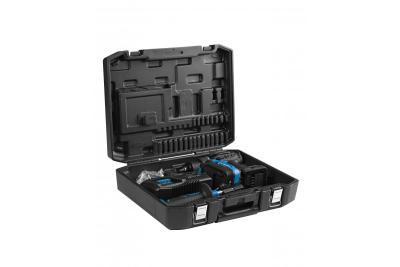 Set de șurubelnițe cu acumulator fără perii HÖGERT, 18V, cu suport pentru biți, magazie de biți, încărcător și baterie.