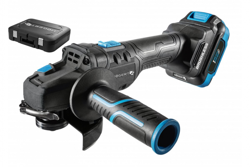 HÖGERT polizor unghiular fără cablu cu comutator tip pedală, 125MM, 18V, set cu baterie, încărcător, accesorii.