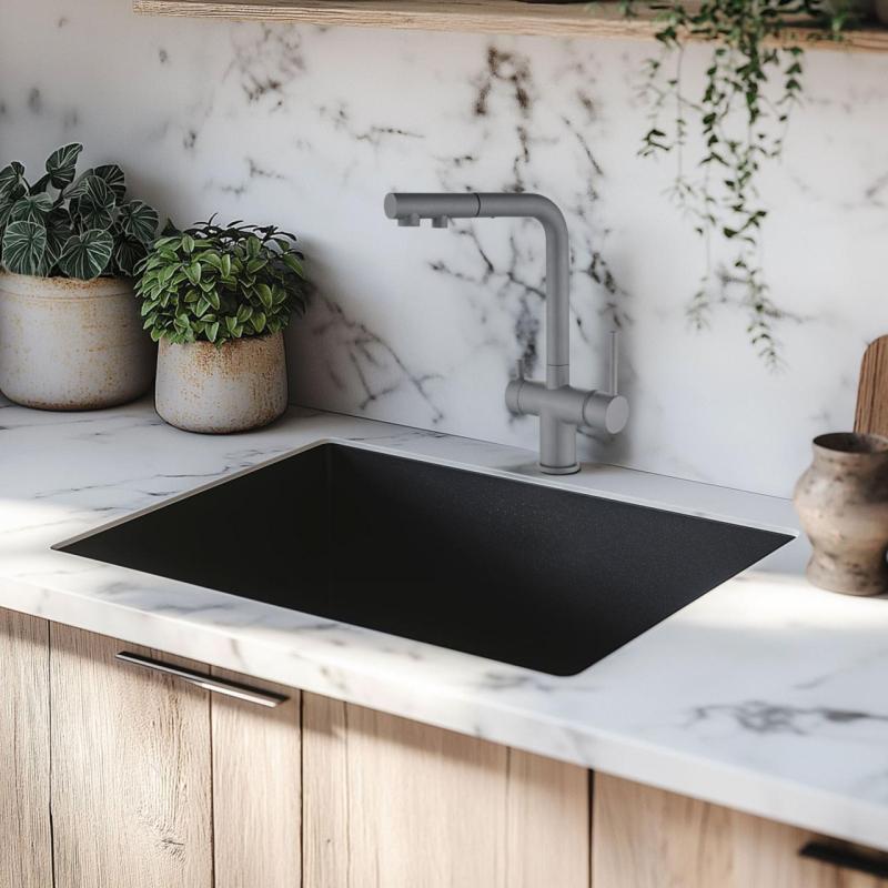 Ausmann Ellington Robinet de bucătărie cu 3 căi, cu gură retractabilă și apă filtrată - Gri - 1208970494