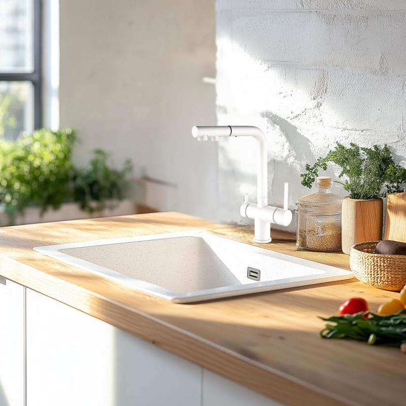 Ausmann Ellington 3-Căi Baterie de Bucătărie cu Scurgere Extensibilă și Apă Filtrată – Alb - 1208970496