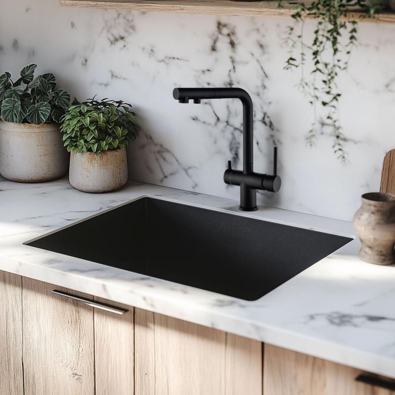 Robinet de bucătărie Ausmann Ellington cu 3 căi, cu duză extensibilă și apă filtrată – Negru - 1208970497