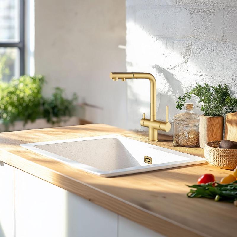 Ausmann Ellington 3-în-1 Bucătărie Baterie cu Duș Extractibil și Apă Filtrată – Auriu – 1208970498