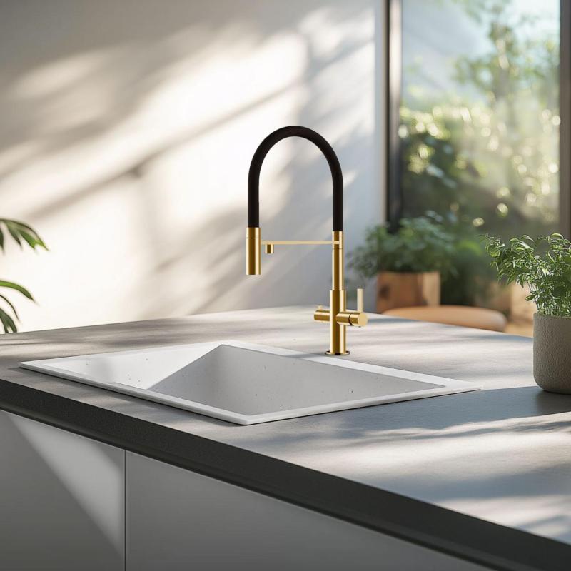 Ausmann Claridge Robinet de bucătărie cu trei căi, cu gura de scurgere flexibilă și apă filtrată – Auriu - 1208970504