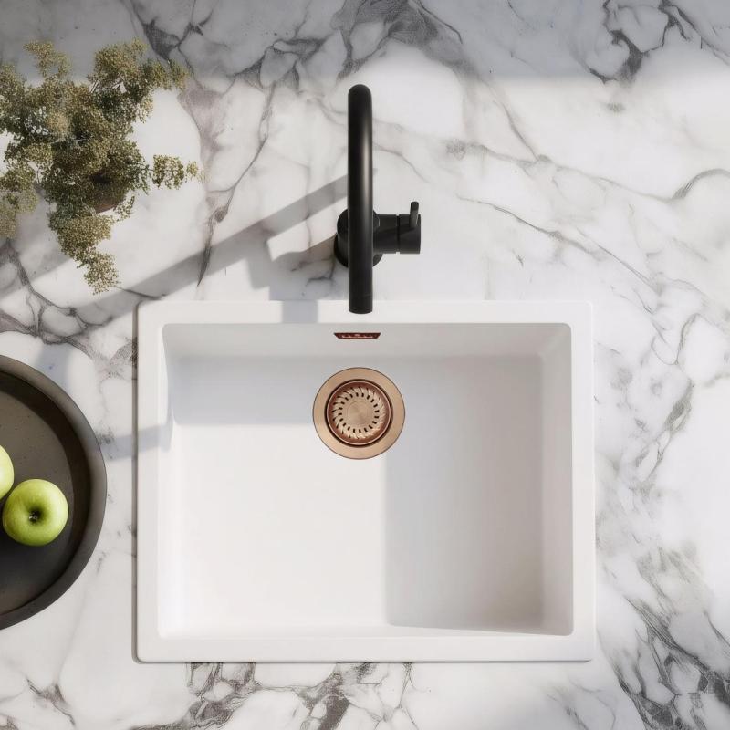 Chiuvetă Albă 50x40 cm pentru Montare sub Blat, deasupra Blatului și la Acelasi Nivel cu Blatul, cu Dop de Cupru 1208970533