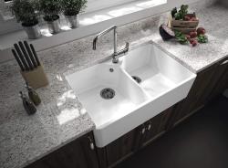 Ausmann Ceramic Mira Chiuvetă dublă ceramică albă - Montare sub și între 793 x 450 mm cu banchetă pentru robinet și dop din oțel inoxidabil 1208970550
