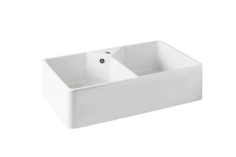 Ausmann Ceramic Mira Chiuvetă dublă ceramică albă - Montare sub și între 793 x 450 mm cu banchetă pentru robinet și dop din oțel inoxidabil 1208970550
