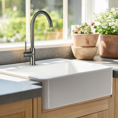 Ausmann Ceramic Panor Shade chiuvetă ceramică albă Butler - Montare sub blat și montare intermediară 630 x 597 mm cu banc pentru robinet și dop negru mat 1208970554.