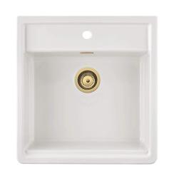 Ausmann Ceramic Panor Shade Vasă de bucătărie ceramică albă de tip Butler - Încorporabilă și intermediară 630 x 597 mm cu faleză pentru robinet și dop auriu 1208970558