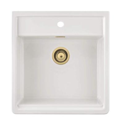 Ausmann Ceramic Panor Shade Vasă de bucătărie ceramică albă de tip Butler - Încorporabilă și intermediară 630 x 597 mm cu faleză pentru robinet și dop auriu 1208970558