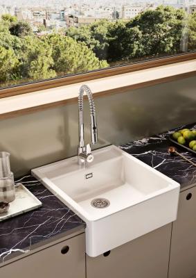 Ausmann Ceramic Panor Shade Chiuvetă Ceramică Albă Butler - Montaj sub blat și semi-încastrat 630 x 597 mm cu banc pentru robinet și dop de cupru 1208970559