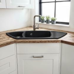 Graniteland Monte Granit negru piatră de calcar chiuvetă de colț montaj pe blat 901x538mm cu dop din oțel inoxidabil 1208970601