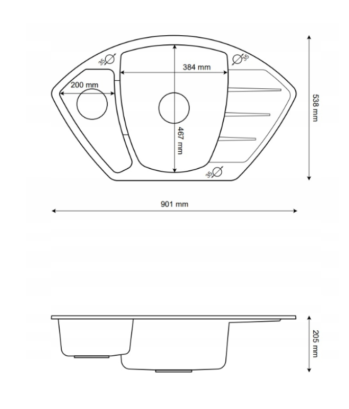 Graniteland Monte Granit negru piatră de calcar chiuvetă de colț montaj pe blat 901x538mm cu dop din oțel inoxidabil 1208970601