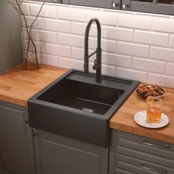 Graniteland Arno chiuvetă din granit negru pentru montaj încorporat 582x620mm cu dop pătrat din inox 1208970602