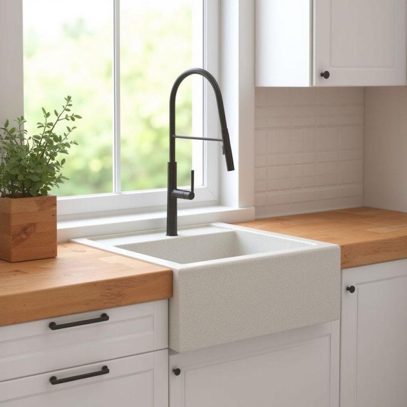 Graniteland Arno Chiuvetă din granit alb pentru montare deasupra 582x620mm cu dop pătrat din oțel inoxidabil 1208970604.