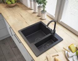 Graniteland Adda Granit negru Ardezie aspect piatră dură 1.5 Chiuvetă de suprafață 600x495mm cu dop din oțel inoxidabil 1208970619