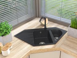 Landul de granit Amiata Granit negru Arduin aspect piatră dură Chiuvetă de colț montată pe blat 965x496mm cu dop din inox 1208970620