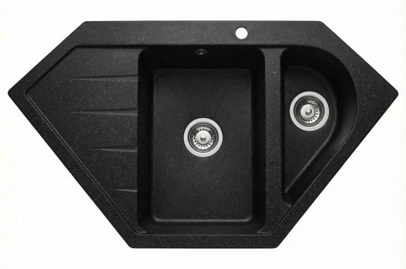 Graniteland Amiata Granit negru aspect piatră de ardoise Chiuvetă de colț montată pe blat 955x489mm cu dop din oțel inoxidabil 1208970620