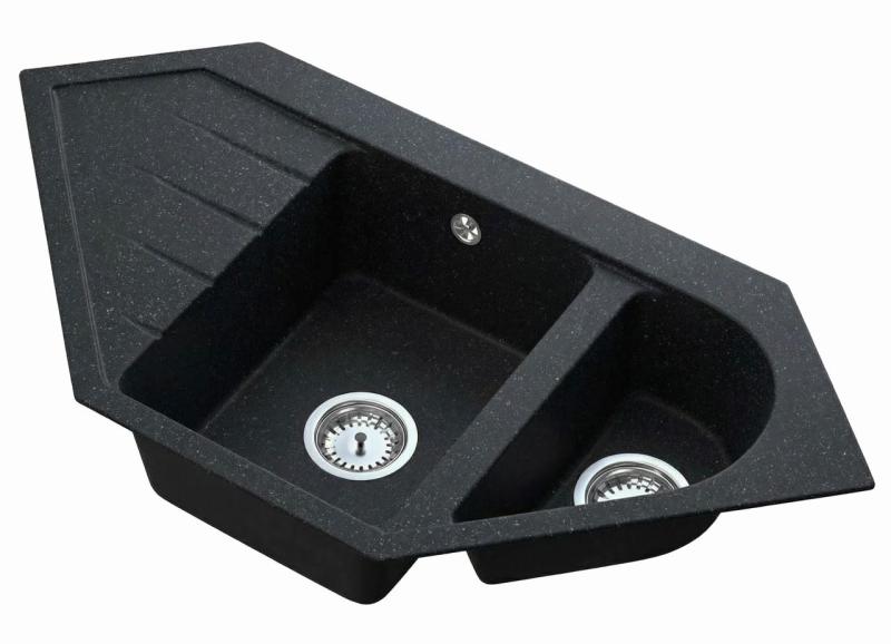 Graniteland Amiata Granit negru aspect piatră de ardoise Chiuvetă de colț montată pe blat 955x489mm cu dop din oțel inoxidabil 1208970620