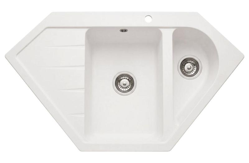Graniteland Amiata Chiuvetă de granit albă de colț, montată pe blat, 955 x 489 mm, cu dop din oțel inoxidabil 1208970622