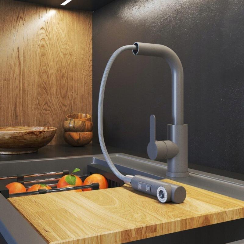 Graniteland Celeste Baterie de bucătărie gri cu gura de scurgere extensibilă și duș de mână cu dublă funcție 1208970663