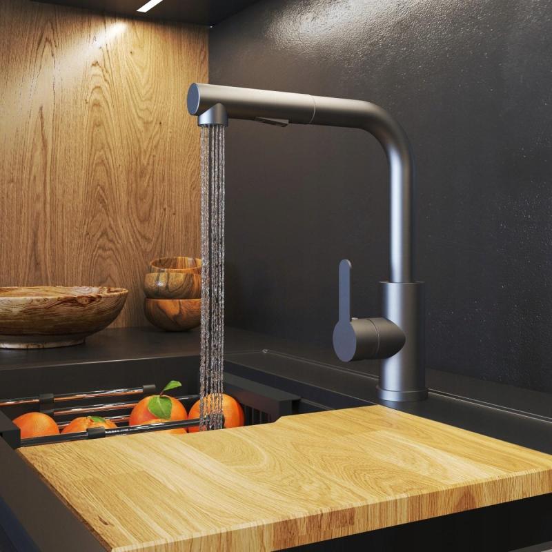 Graniteland Celeste Robinet de bucătărie cu duș extractibil și dublă funcție, finisaj Gun Metal 1208970666