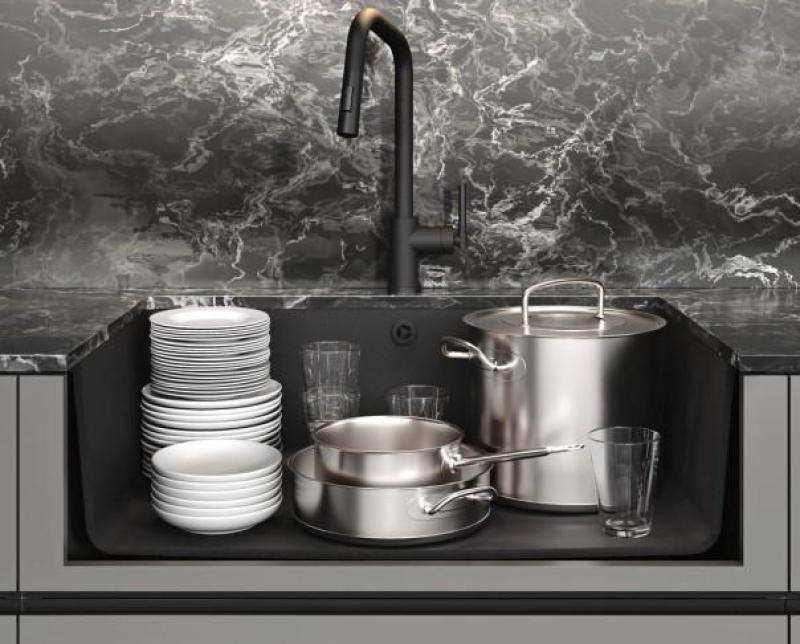 AquaGranite Modulo R19 chiuvetă mare din granit negru 76x43 cm instalare sub blat și pe blat cu dop din inox 1208970688