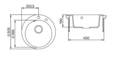 AquaGranite Lago Chiuvetă rotundă din granit alb deasupra blatului 505mm cu dop din inox și 1 orificiu pentru robinet 1208970689