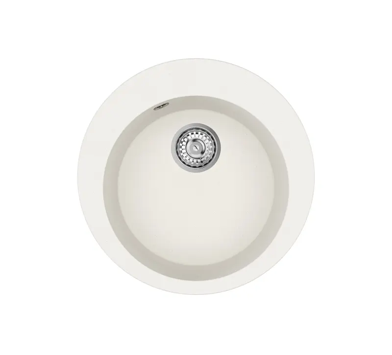 AquaGranite Lago Chiuvetă rotundă din granit alb deasupra blatului 505mm cu dop din inox și 1 orificiu pentru robinet 1208970689