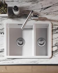 Ausmann Ceramic Ember Chiuvetă Ceramică Albă cu O cuvă și jumătate, montare deasupra și dedesubt, 535 x 400 mm, cu dopuri din inox 1208970735